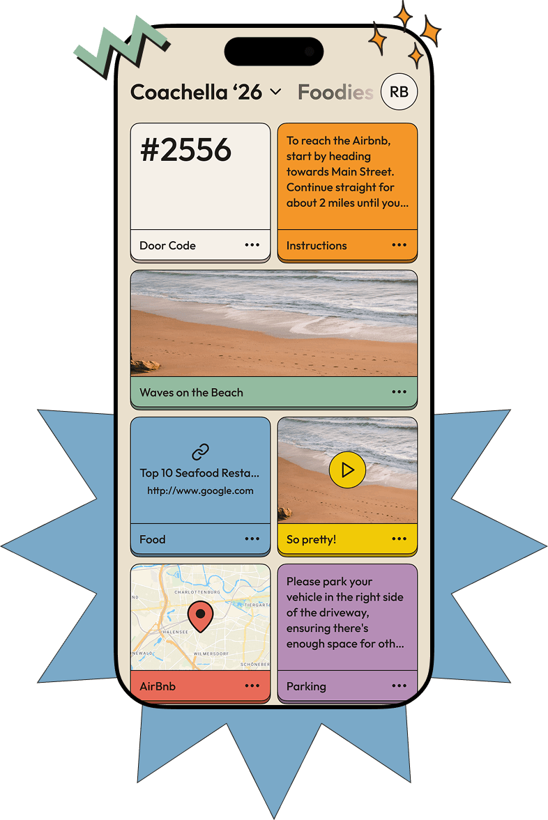 Punch app showing a space with notes, links, photos, and videos